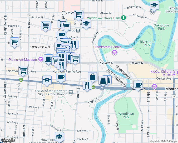 map of restaurants, bars, coffee shops, grocery stores, and more near 301 Northern Pacific Avenue in Fargo