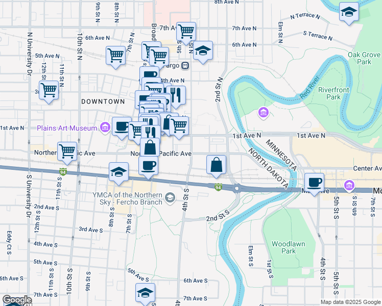 map of restaurants, bars, coffee shops, grocery stores, and more near 401 Northern Pacific Avenue in Fargo