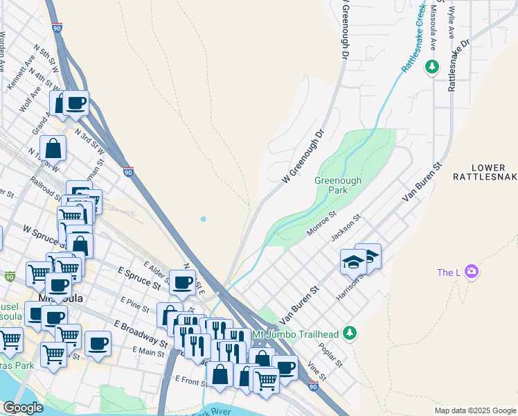 map of restaurants, bars, coffee shops, grocery stores, and more near 1353 West Greenough Drive in Missoula