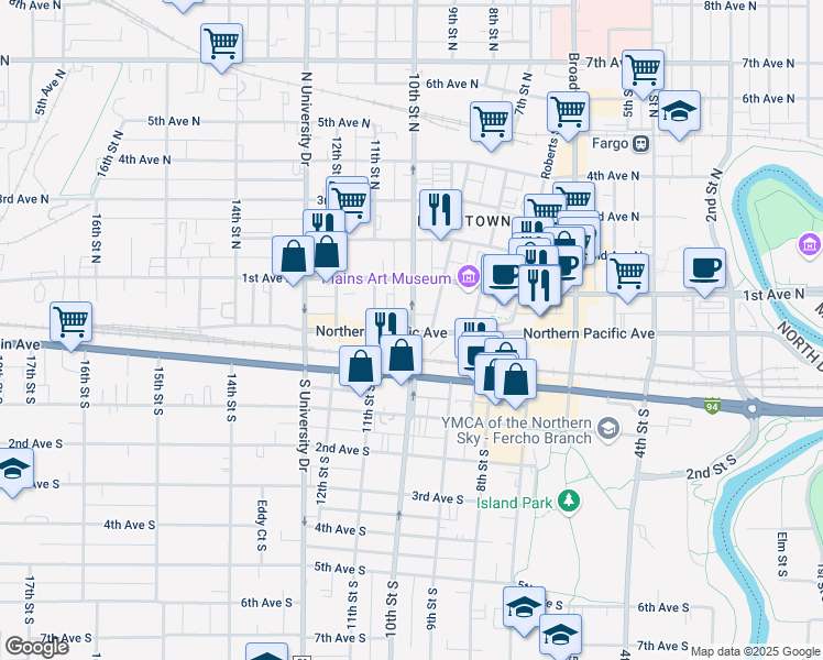 map of restaurants, bars, coffee shops, grocery stores, and more near 24 8th Street North in Fargo
