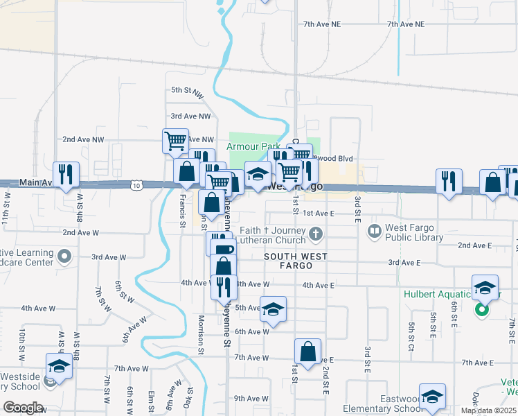 map of restaurants, bars, coffee shops, grocery stores, and more near 207 Main Avenue West in West Fargo