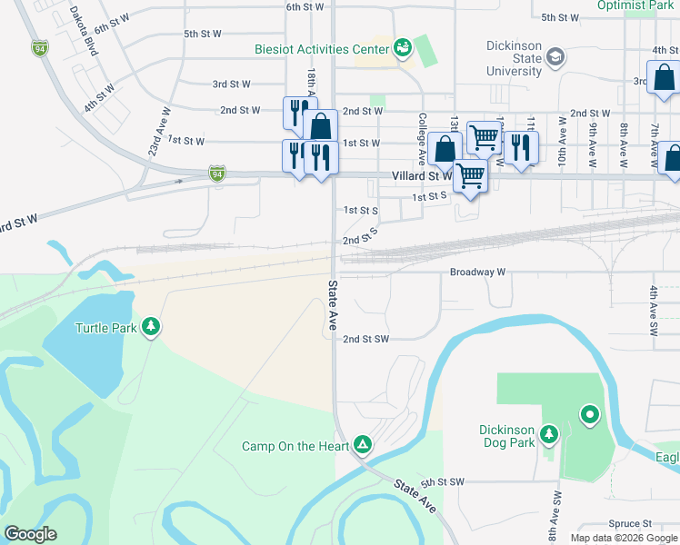 map of restaurants, bars, coffee shops, grocery stores, and more near 1801 West Broadway Street in Dickinson