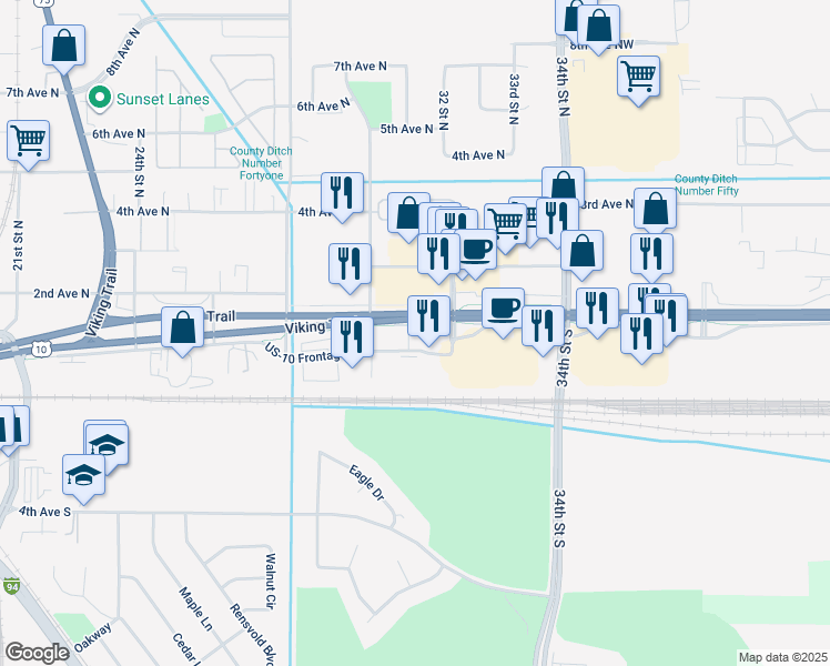 map of restaurants, bars, coffee shops, grocery stores, and more near 3007 U.S. 10 in Moorhead