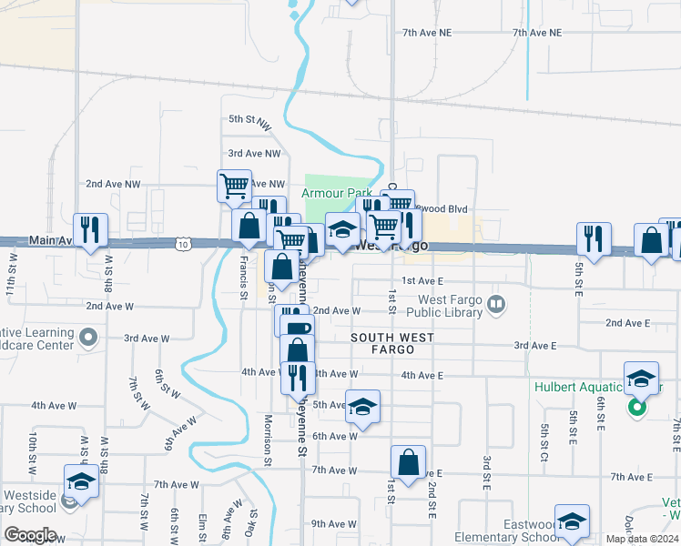 map of restaurants, bars, coffee shops, grocery stores, and more near 207 Main Avenue West in West Fargo