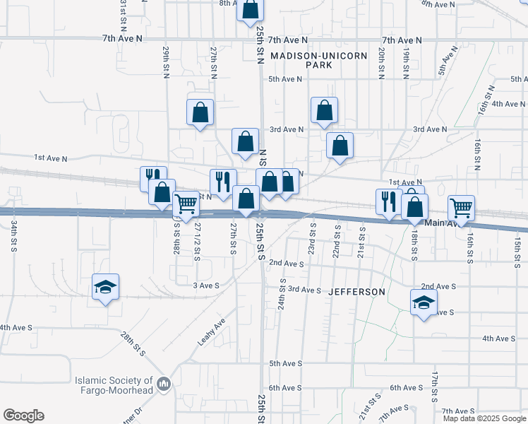 map of restaurants, bars, coffee shops, grocery stores, and more near Main Avenue in Fargo