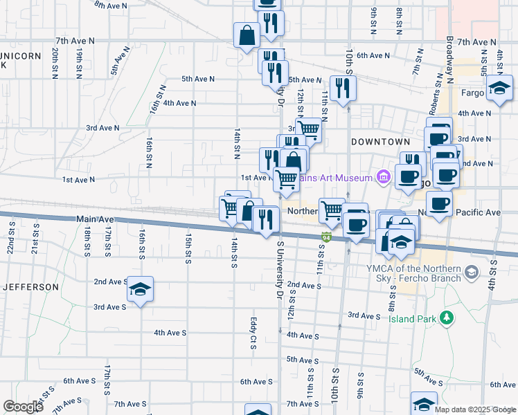 map of restaurants, bars, coffee shops, grocery stores, and more near 1 13 1/2 Street North in Fargo
