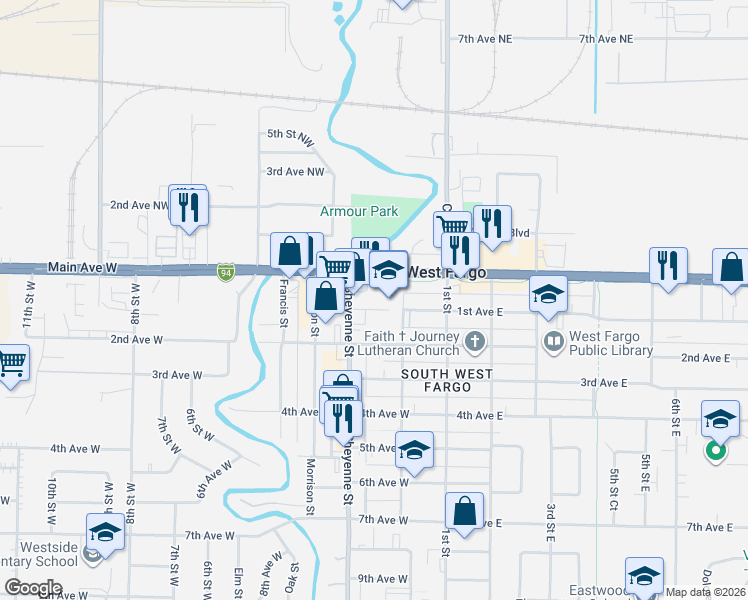 map of restaurants, bars, coffee shops, grocery stores, and more near 227 Main Avenue East in West Fargo
