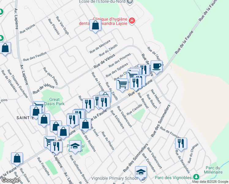 map of restaurants, bars, coffee shops, grocery stores, and more near 1773 Rue du Zénith in Québec