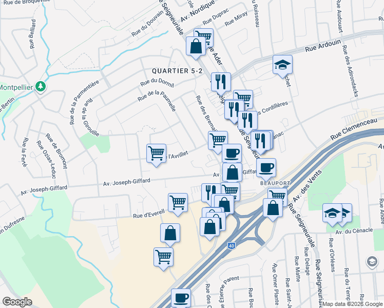 map of restaurants, bars, coffee shops, grocery stores, and more near 514 Rue de l'Avrillet in Québec