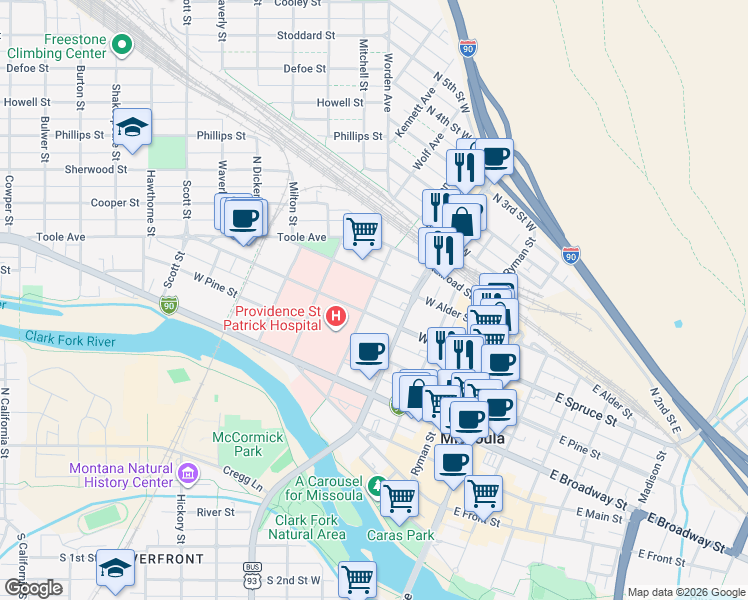 map of restaurants, bars, coffee shops, grocery stores, and more near 510 Owen Street in Missoula