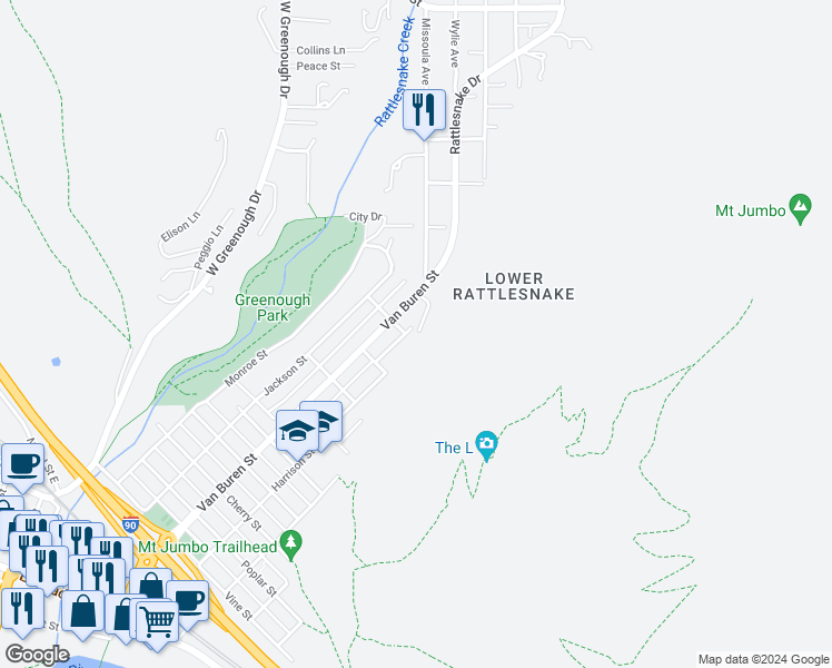 map of restaurants, bars, coffee shops, grocery stores, and more near 1510 Harrison Street in Missoula