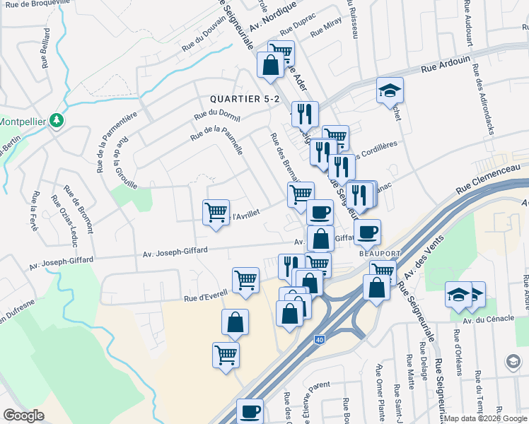 map of restaurants, bars, coffee shops, grocery stores, and more near 514 Rue de l'Avrillet in Québec