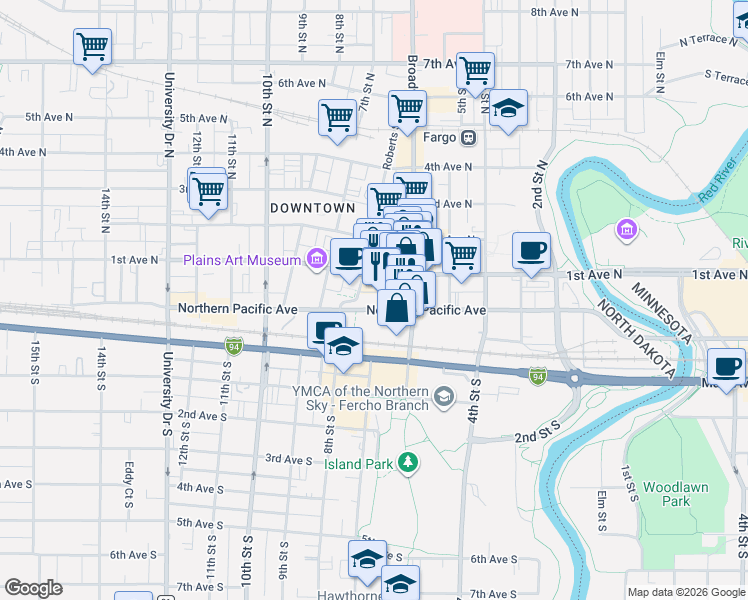 map of restaurants, bars, coffee shops, grocery stores, and more near 630 1st Avenue North in Fargo