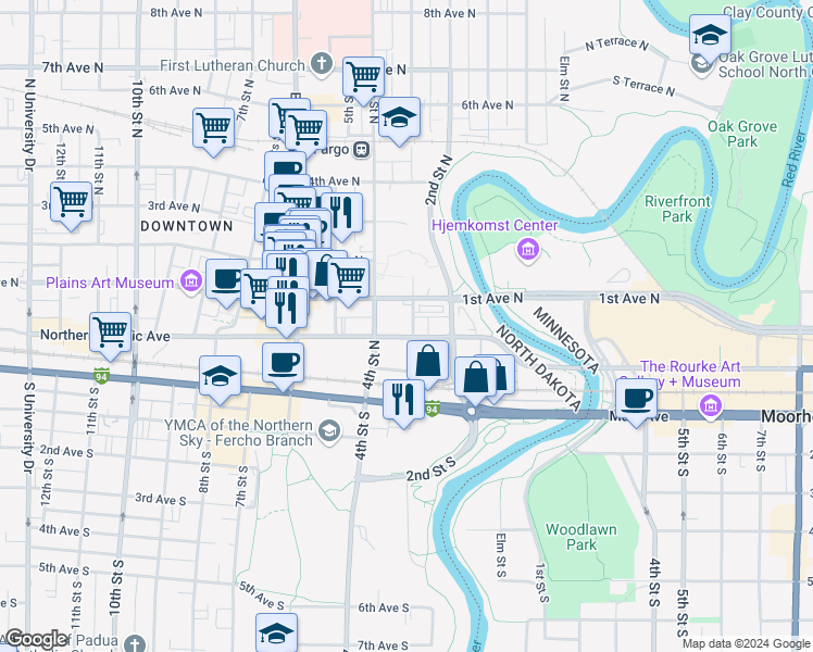 map of restaurants, bars, coffee shops, grocery stores, and more near 301 Northern Pacific Avenue in Fargo