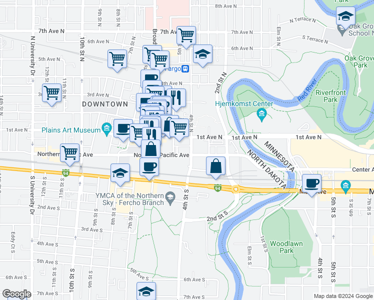 map of restaurants, bars, coffee shops, grocery stores, and more near 401 Northern Pacific Avenue in Fargo