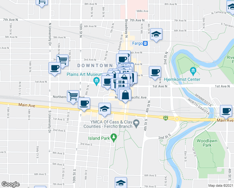 map of restaurants, bars, coffee shops, grocery stores, and more near 623 Northern Pacific Avenue in Fargo