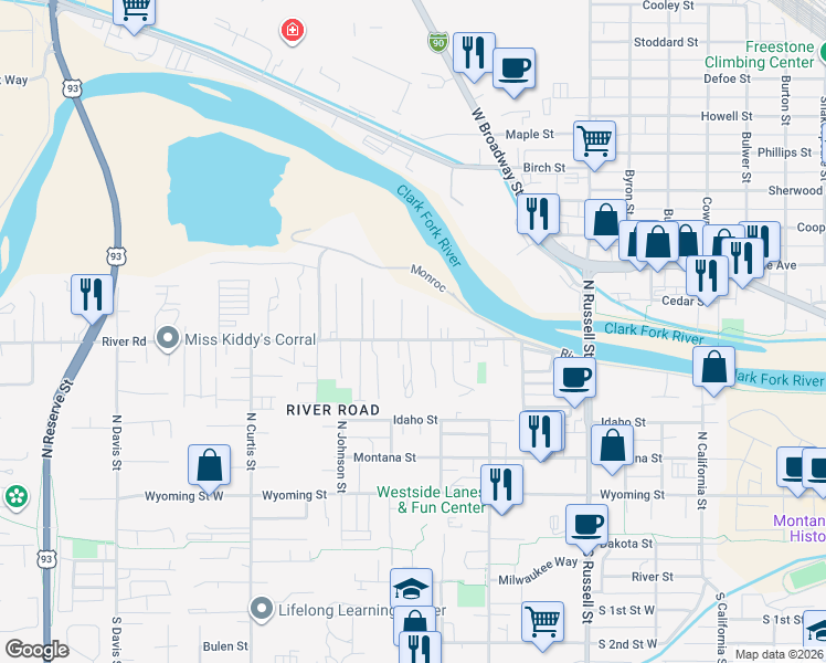 map of restaurants, bars, coffee shops, grocery stores, and more near 1824 River Road in Missoula