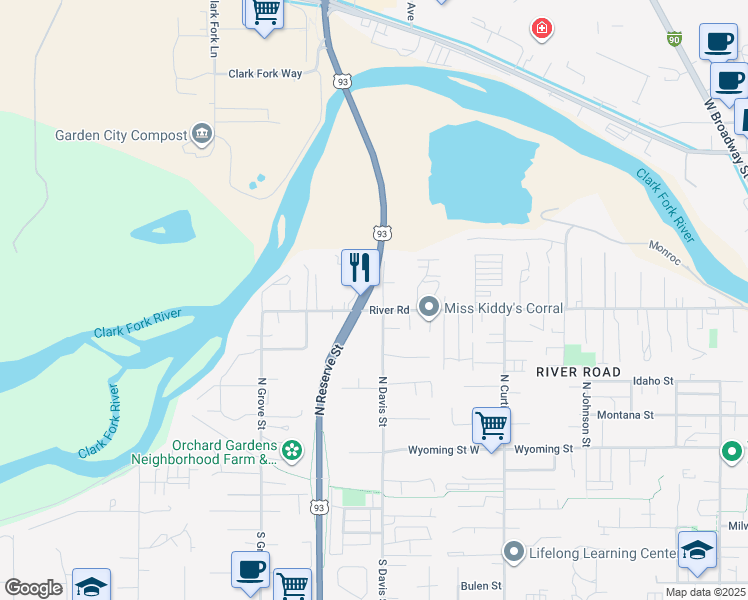 map of restaurants, bars, coffee shops, grocery stores, and more near 2400 River Road in Missoula