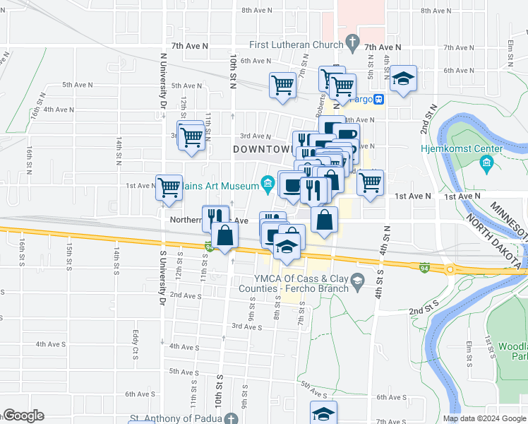 map of restaurants, bars, coffee shops, grocery stores, and more near 8 7th Street North in Fargo