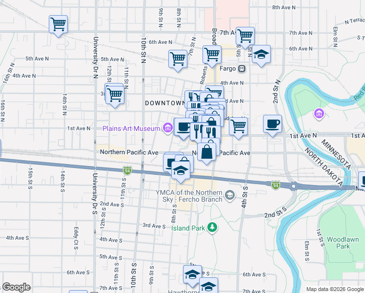 map of restaurants, bars, coffee shops, grocery stores, and more near in Fargo