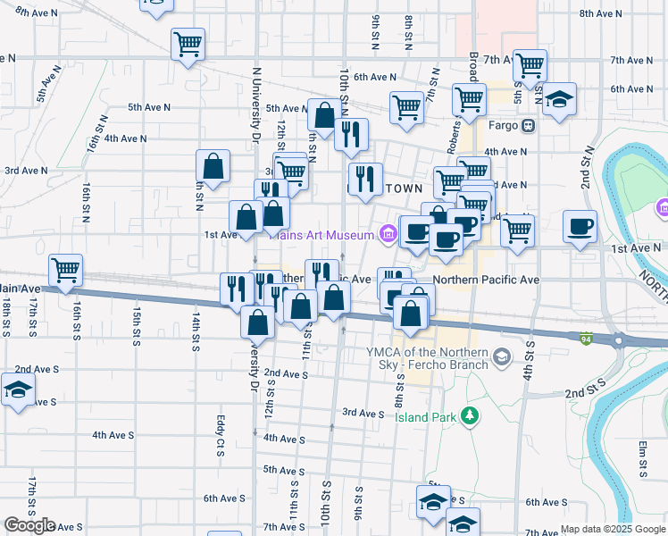 map of restaurants, bars, coffee shops, grocery stores, and more near 11 11th Street North in Fargo