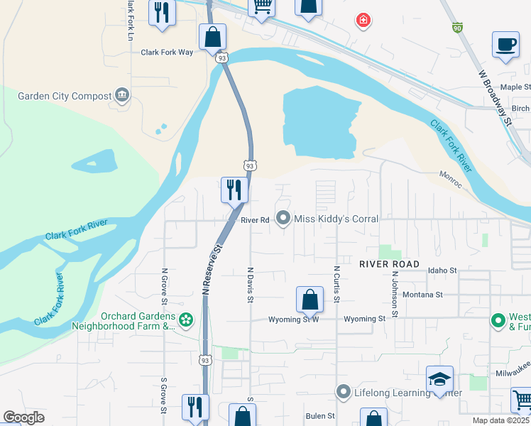 map of restaurants, bars, coffee shops, grocery stores, and more near 2348 River Road in Missoula