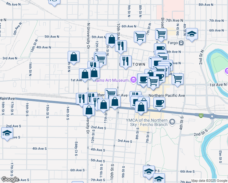 map of restaurants, bars, coffee shops, grocery stores, and more near 1001 Northern Pacific Avenue in Fargo