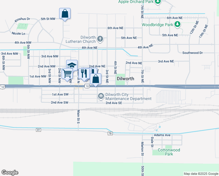 map of restaurants, bars, coffee shops, grocery stores, and more near 303 Center Avenue East in Dilworth