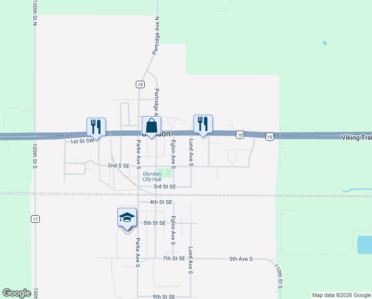 map of restaurants, bars, coffee shops, grocery stores, and more near 121 Lund Avenue South in Glyndon