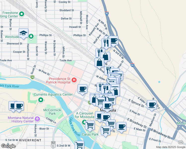 map of restaurants, bars, coffee shops, grocery stores, and more near West Alder Street in Missoula