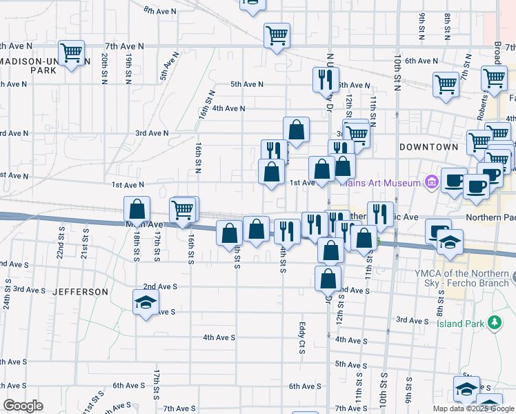 map of restaurants, bars, coffee shops, grocery stores, and more near 12 14 1/2 Street North in Fargo