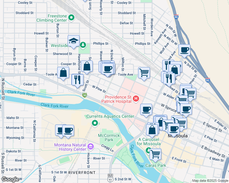 map of restaurants, bars, coffee shops, grocery stores, and more near 710 West Pine Street in Missoula