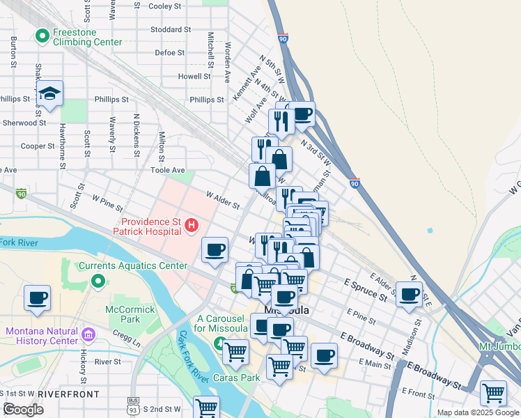 map of restaurants, bars, coffee shops, grocery stores, and more near 322 West Alder Street in Missoula