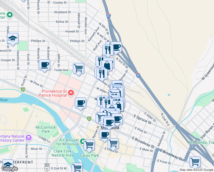 map of restaurants, bars, coffee shops, grocery stores, and more near 200-298 Railroad St W in Missoula