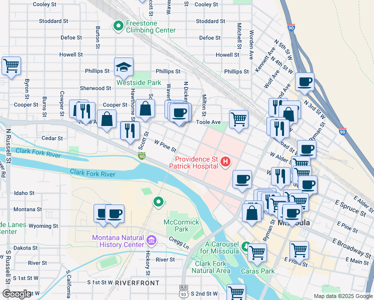 map of restaurants, bars, coffee shops, grocery stores, and more near 710 West Pine Street in Missoula