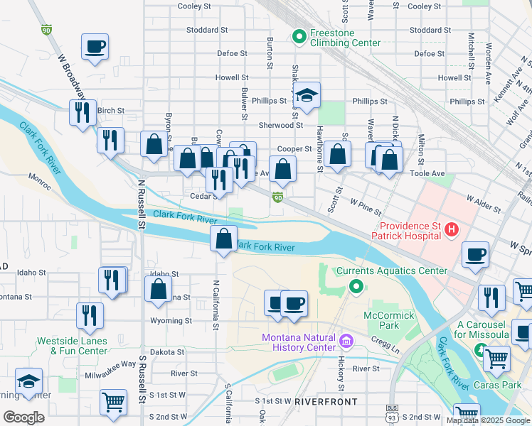 map of restaurants, bars, coffee shops, grocery stores, and more near 530 Burton Street in Missoula