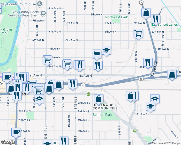 map of restaurants, bars, coffee shops, grocery stores, and more near 125 16th Street North in Moorhead