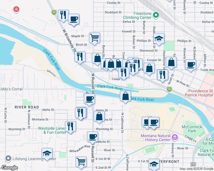 map of restaurants, bars, coffee shops, grocery stores, and more near 1371 Cedar Street in Missoula