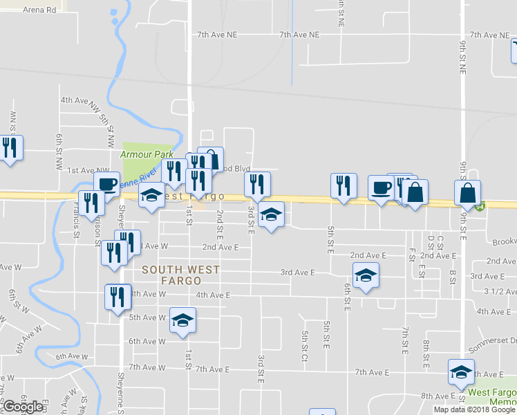 map of restaurants, bars, coffee shops, grocery stores, and more near 307 Main Avenue East in West Fargo