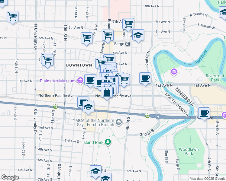 map of restaurants, bars, coffee shops, grocery stores, and more near in Fargo