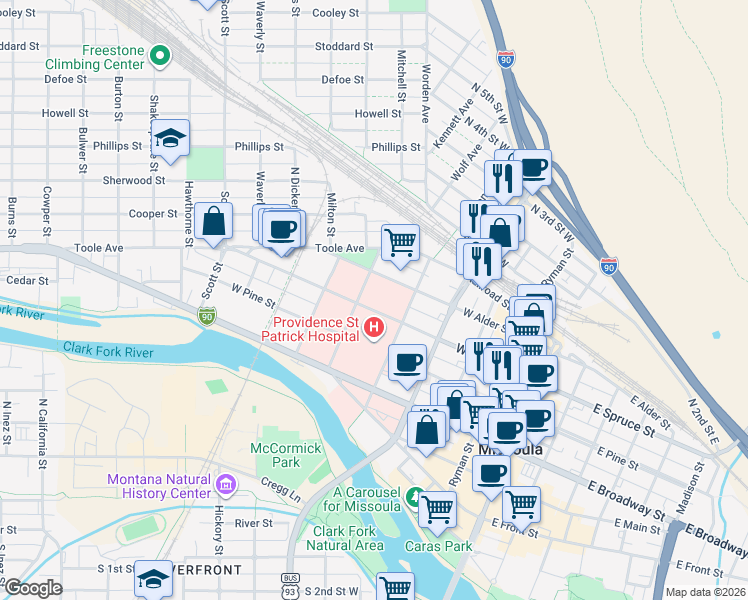 map of restaurants, bars, coffee shops, grocery stores, and more near 520 West Spruce Street in Missoula
