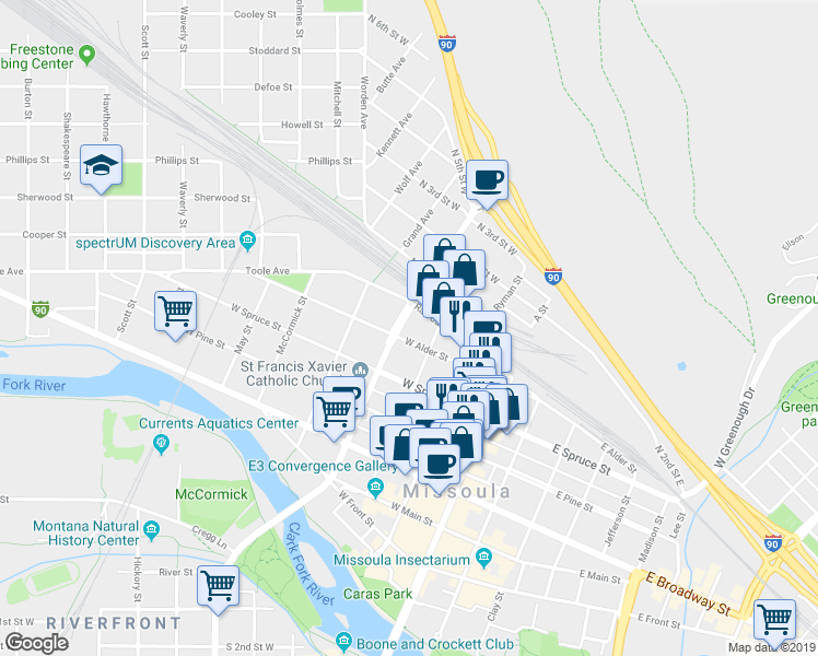 map of restaurants, bars, coffee shops, grocery stores, and more near 322 West Alder Street in Missoula