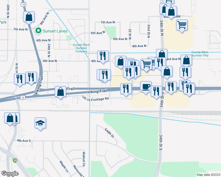 map of restaurants, bars, coffee shops, grocery stores, and more near 3000 U.S. 10 in Moorhead