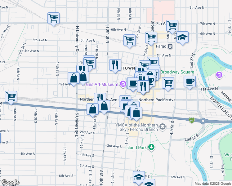 map of restaurants, bars, coffee shops, grocery stores, and more near 24 8th Street North in Fargo