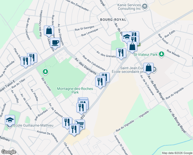 map of restaurants, bars, coffee shops, grocery stores, and more near 1290 Carré du Jaspe in Québec