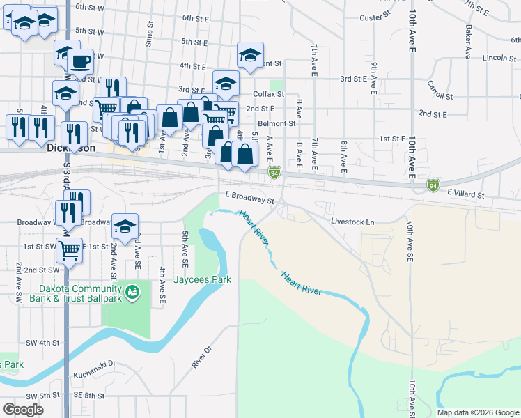 map of restaurants, bars, coffee shops, grocery stores, and more near 750 East Broadway Street in Dickinson