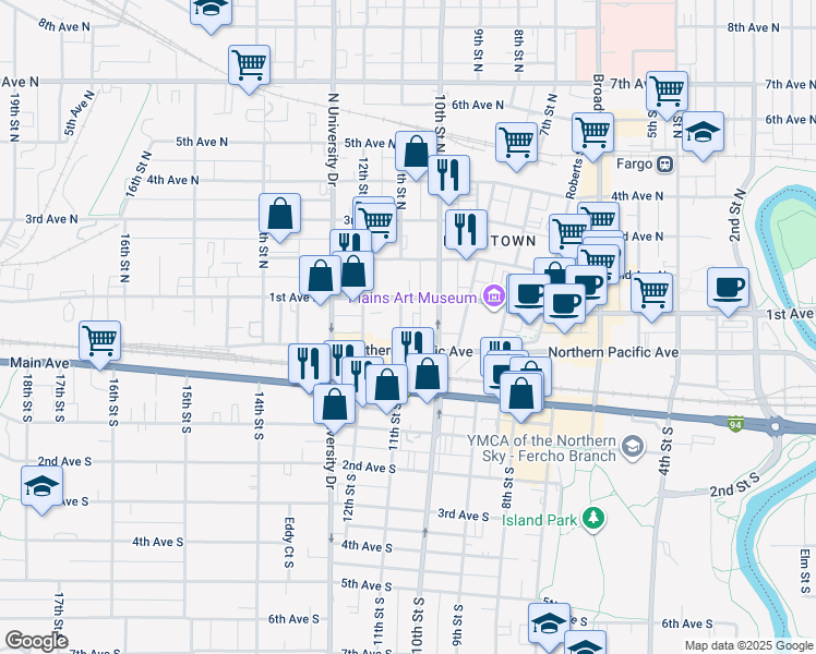 map of restaurants, bars, coffee shops, grocery stores, and more near 11 11th Street North in Fargo