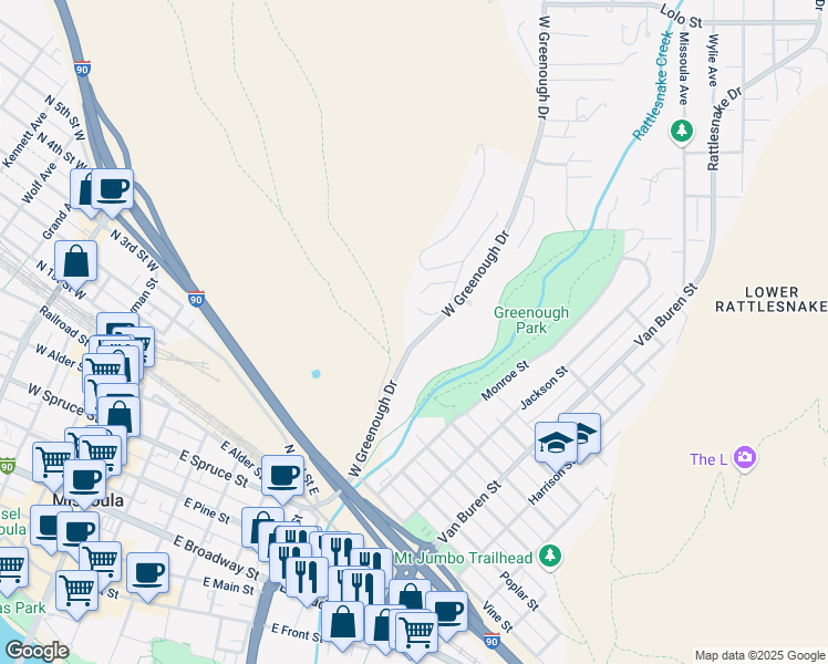 map of restaurants, bars, coffee shops, grocery stores, and more near 1353-1441 W Greenough Dr in Missoula