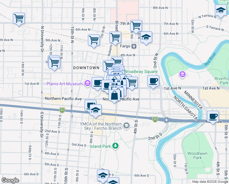 map of restaurants, bars, coffee shops, grocery stores, and more near in Fargo