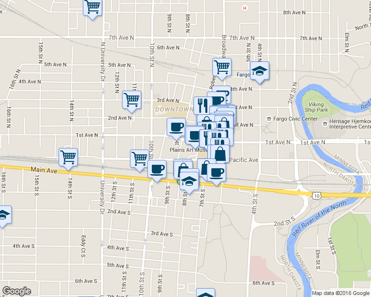 map of restaurants, bars, coffee shops, grocery stores, and more near in Fargo